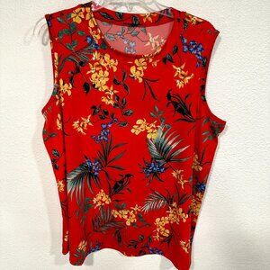 Womens XL Sleeveless Floral Stretch Top Red MultiColor Wrinkle Resist Easy Care